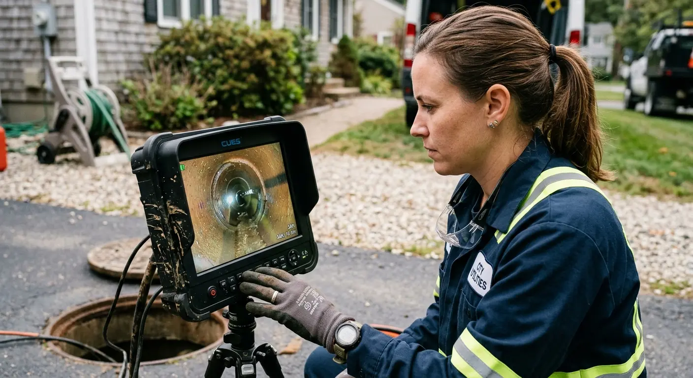 Technician reviewing sewer camera inspection footage in Lawrence