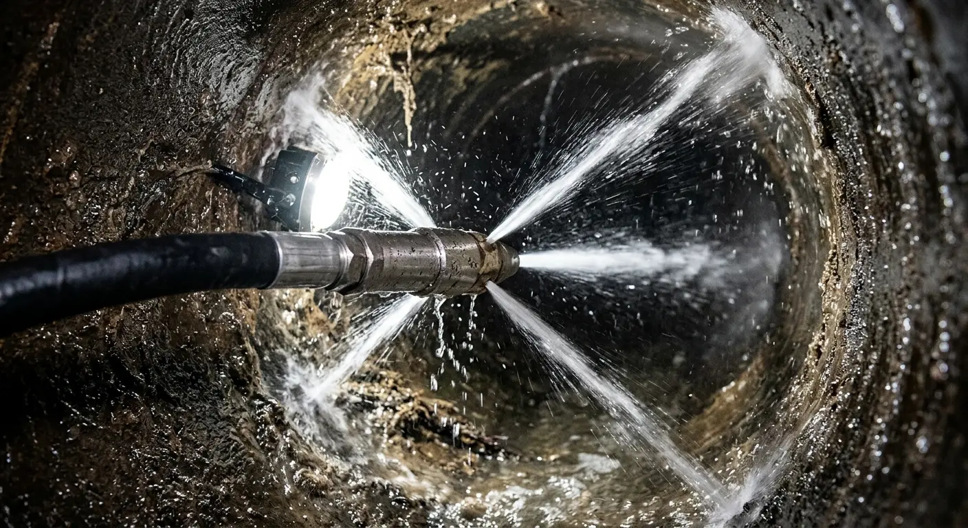 High-pressure hydro jetting nozzle cleaning sewer pipe for Emergency Drain Service in Lawrence